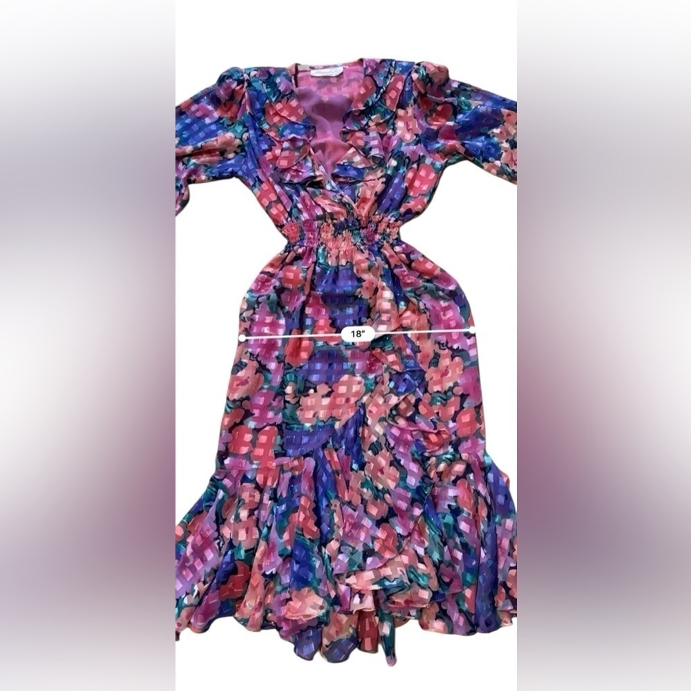 VINTAGE 80's Susan Tudor Pink Floral Midi Dress Pleated Cottagecore Ruffle S - Picture 13 of 14